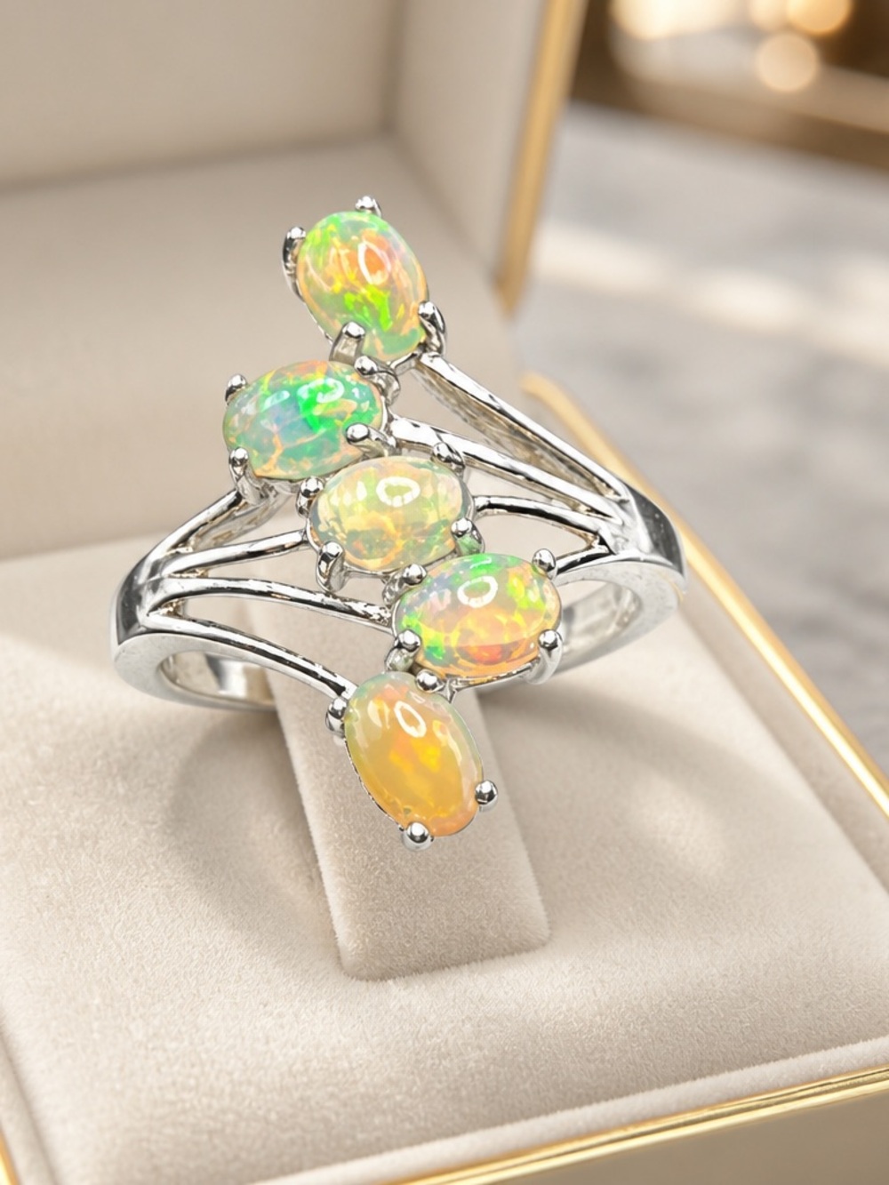 Sterling Silver Opal Cluster Ring - Green and Yellow Opal